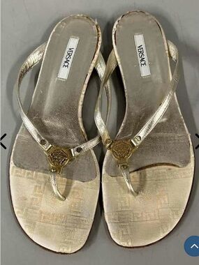 Versace Cream and Gold Leather T-Strap Sandals